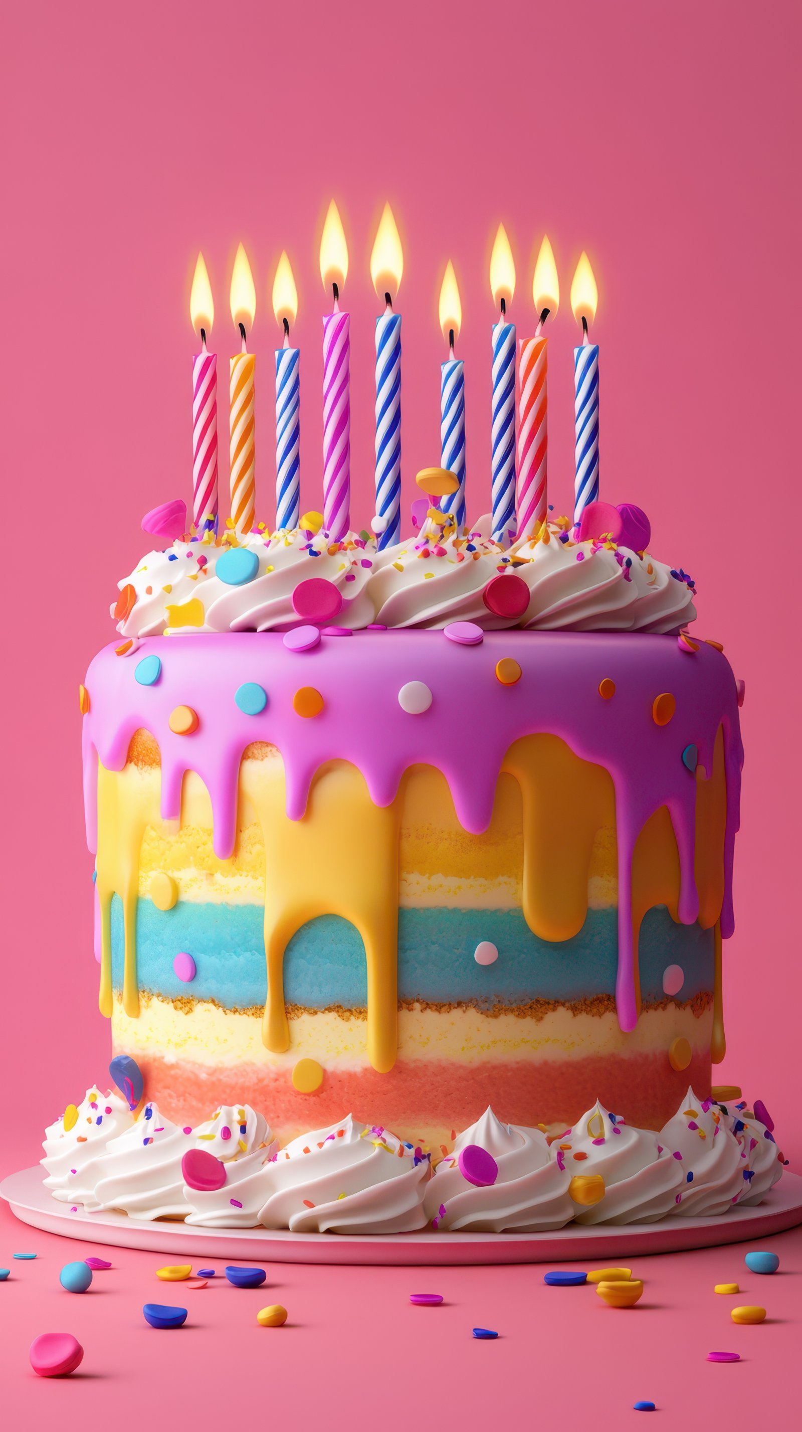 Celebrate with a colorful birthday cake topped with candles and sprinkles on a vibrant pink background